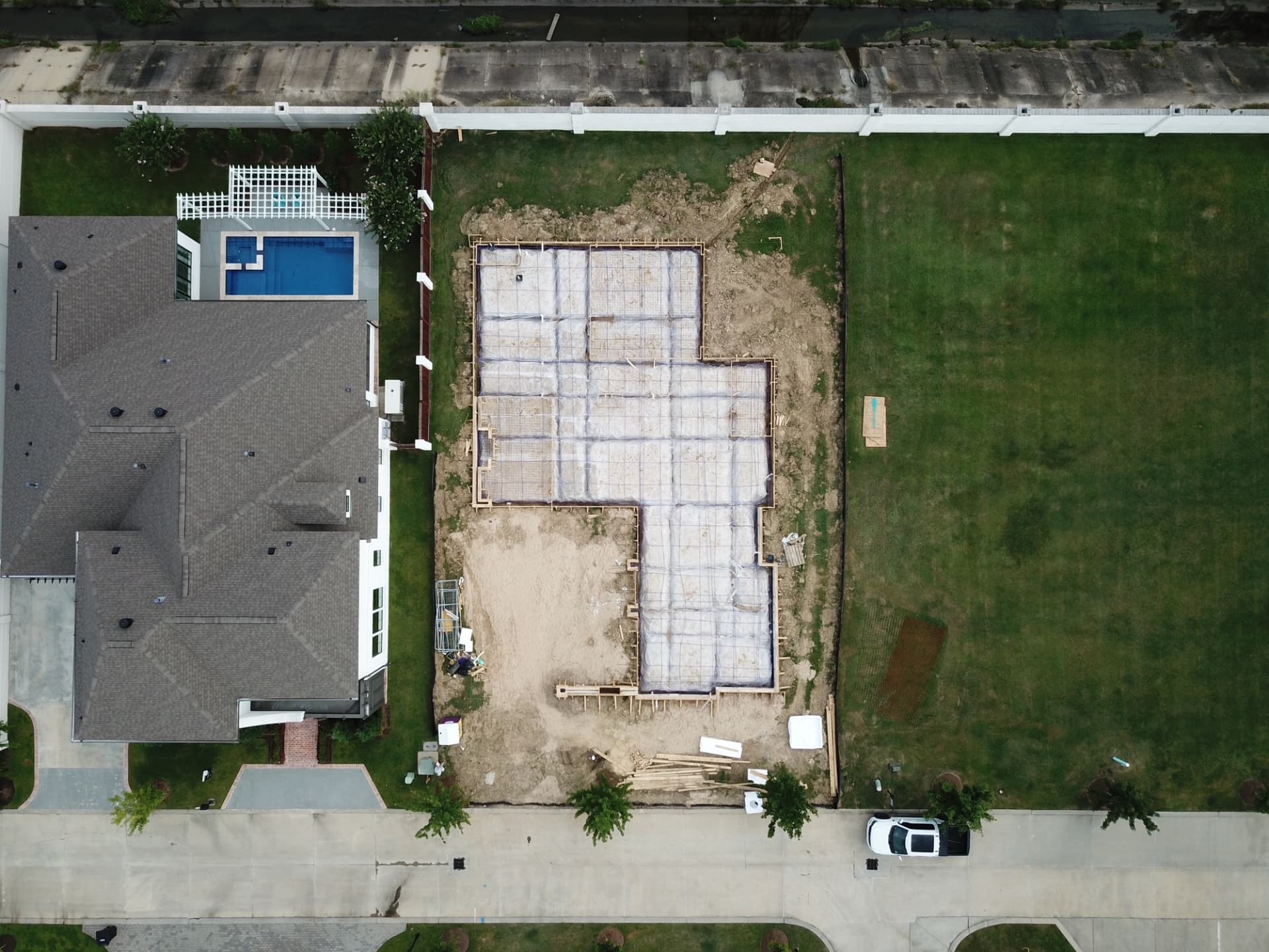 The foundation prepared for concrete, viewed from above.