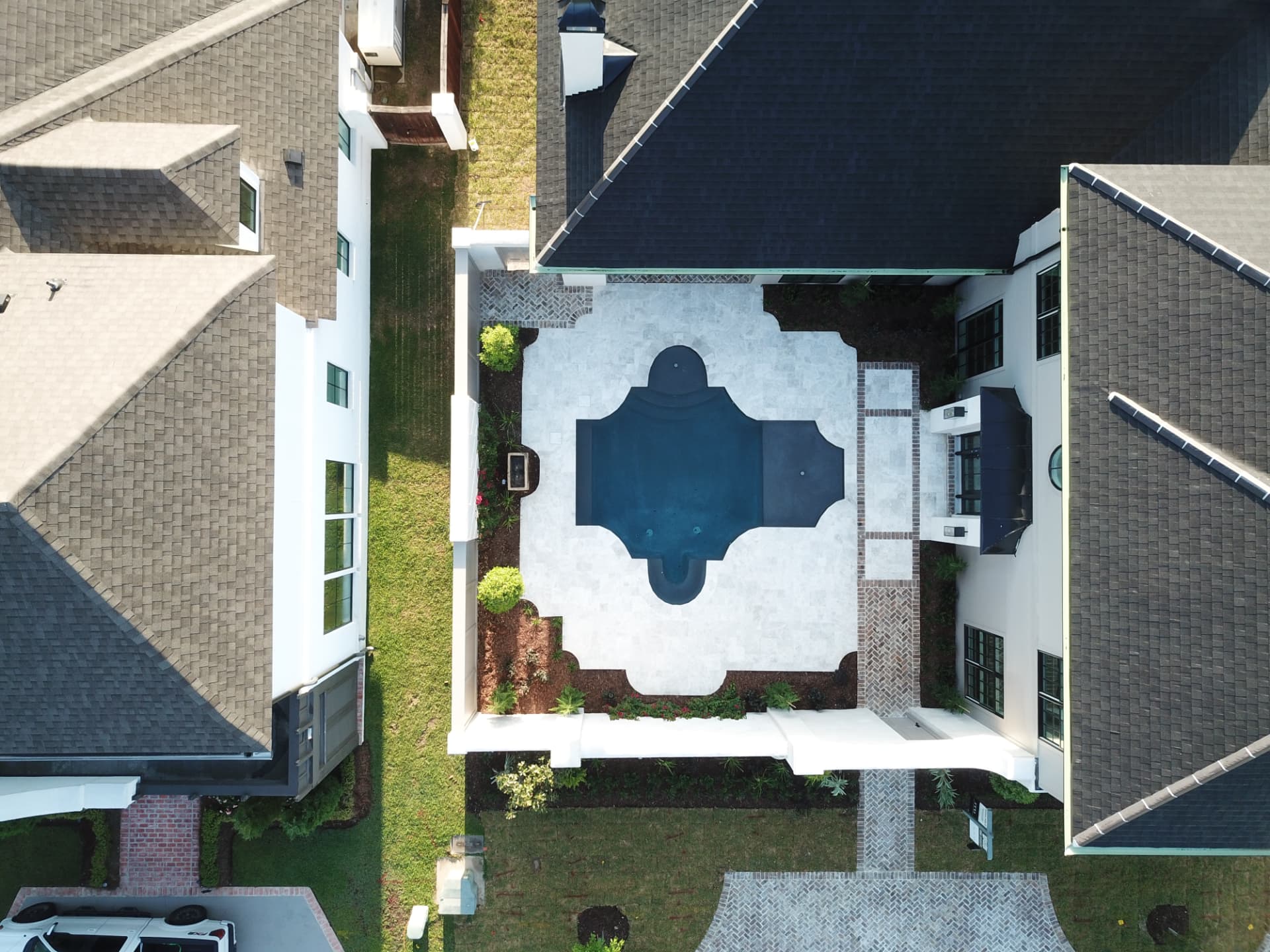 Overhead view of the courtyard pool and its stone surround.