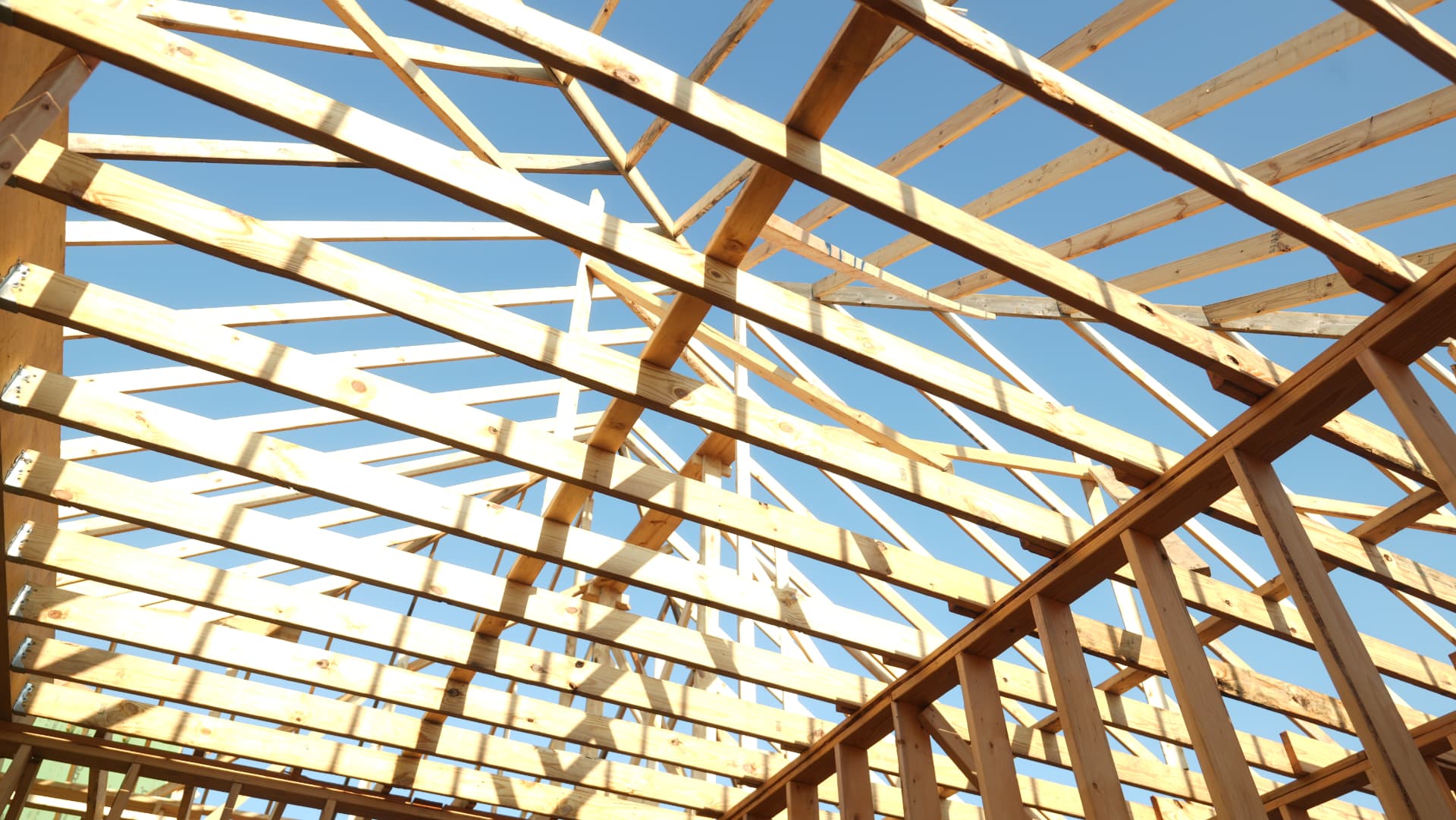 Engineered roof trusses in place, seen from inside the frame.
